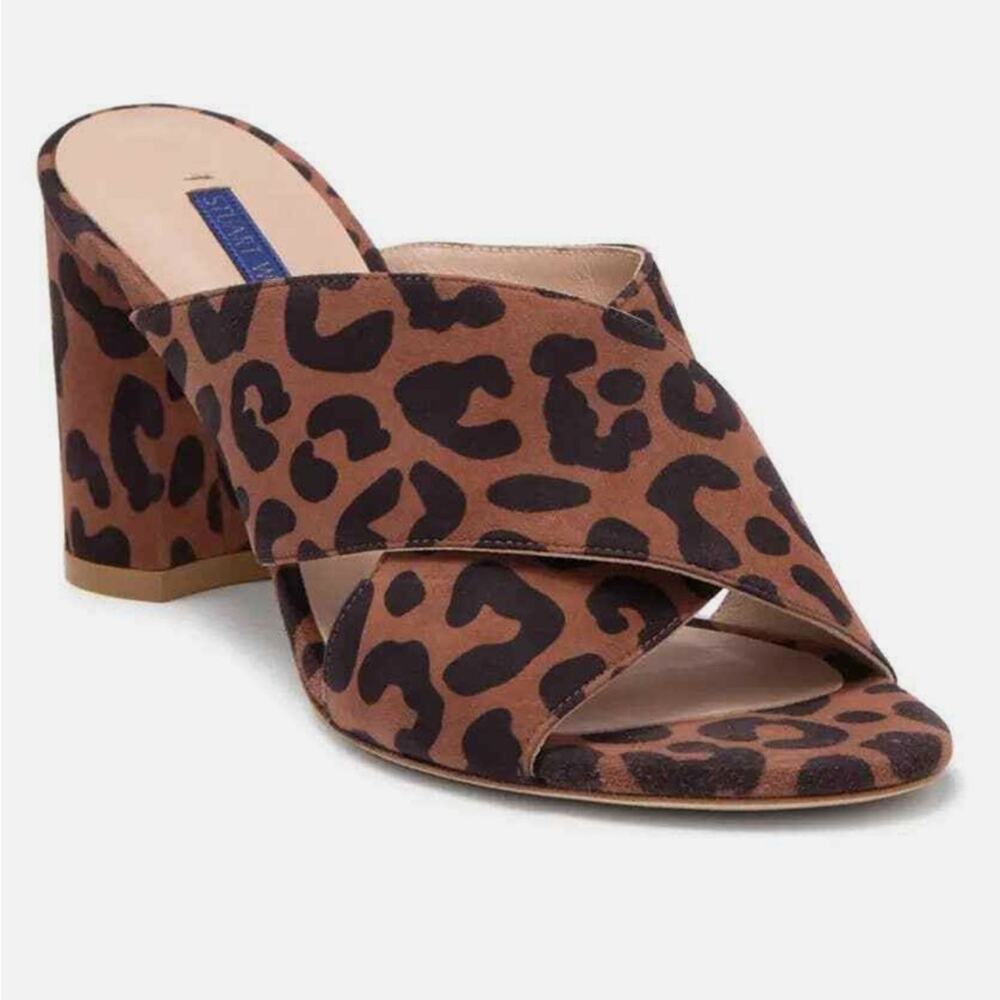 NEW Stuart Weitzman Galene Leopard Suede Crisscross Slip-On Heeled Sandal Sz 6.5